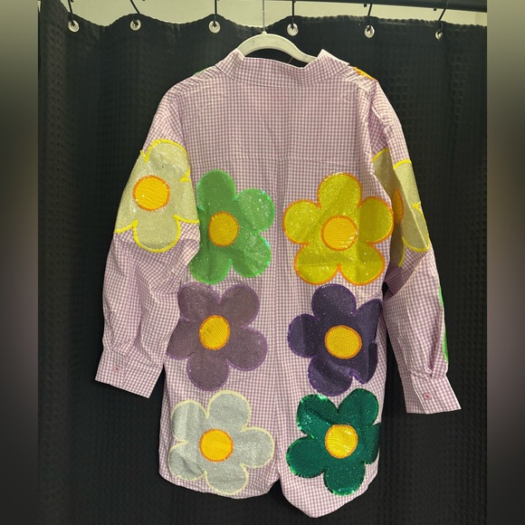 QUEEN OF SPARKLES Purple & White Gingham Oversized Mardi Gras Flower Romper Sm - Picture 4 of 8